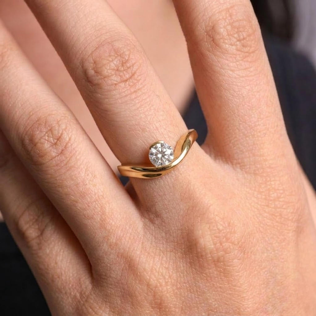 Round Cut Moissanite Engagement Ring: 14K Yellow Gold Wave Band,  Promise Ring
