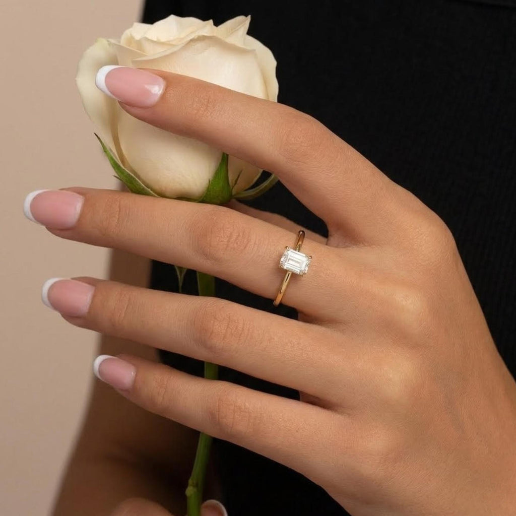 3 CT Emerald Cut Moissanite Ring, Dainty Solitaire Engagement Ring, 14K Gold Minimal Ring, Anniversary Gift for Her