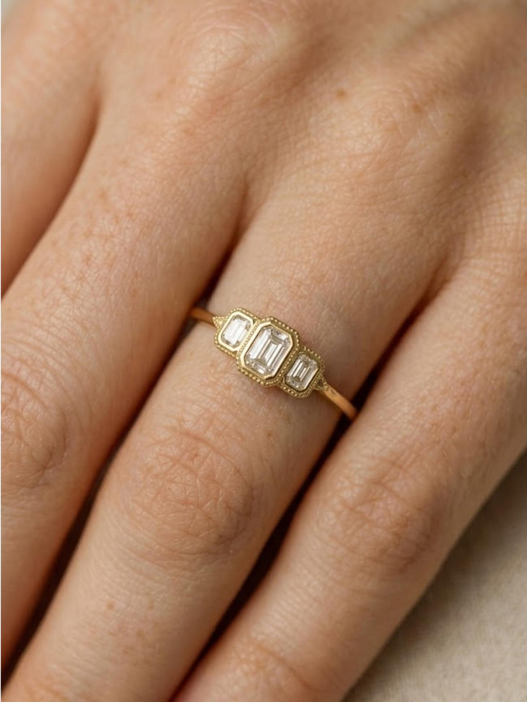 14k Gold Step Cut emerald Moissanite / Alternative Engagement Ring