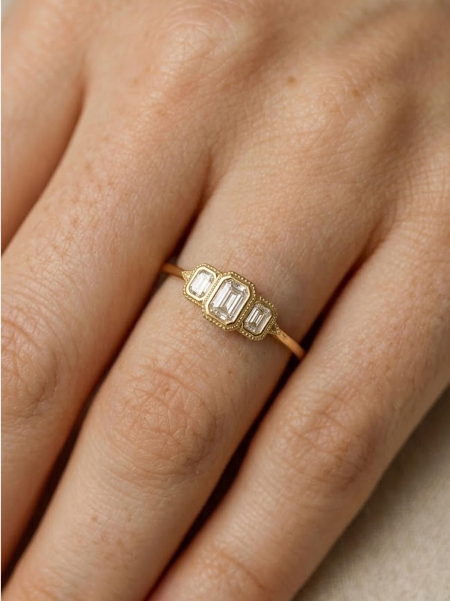14k Gold Step Cut emerald Moissanite / Alternative Engagement Ring