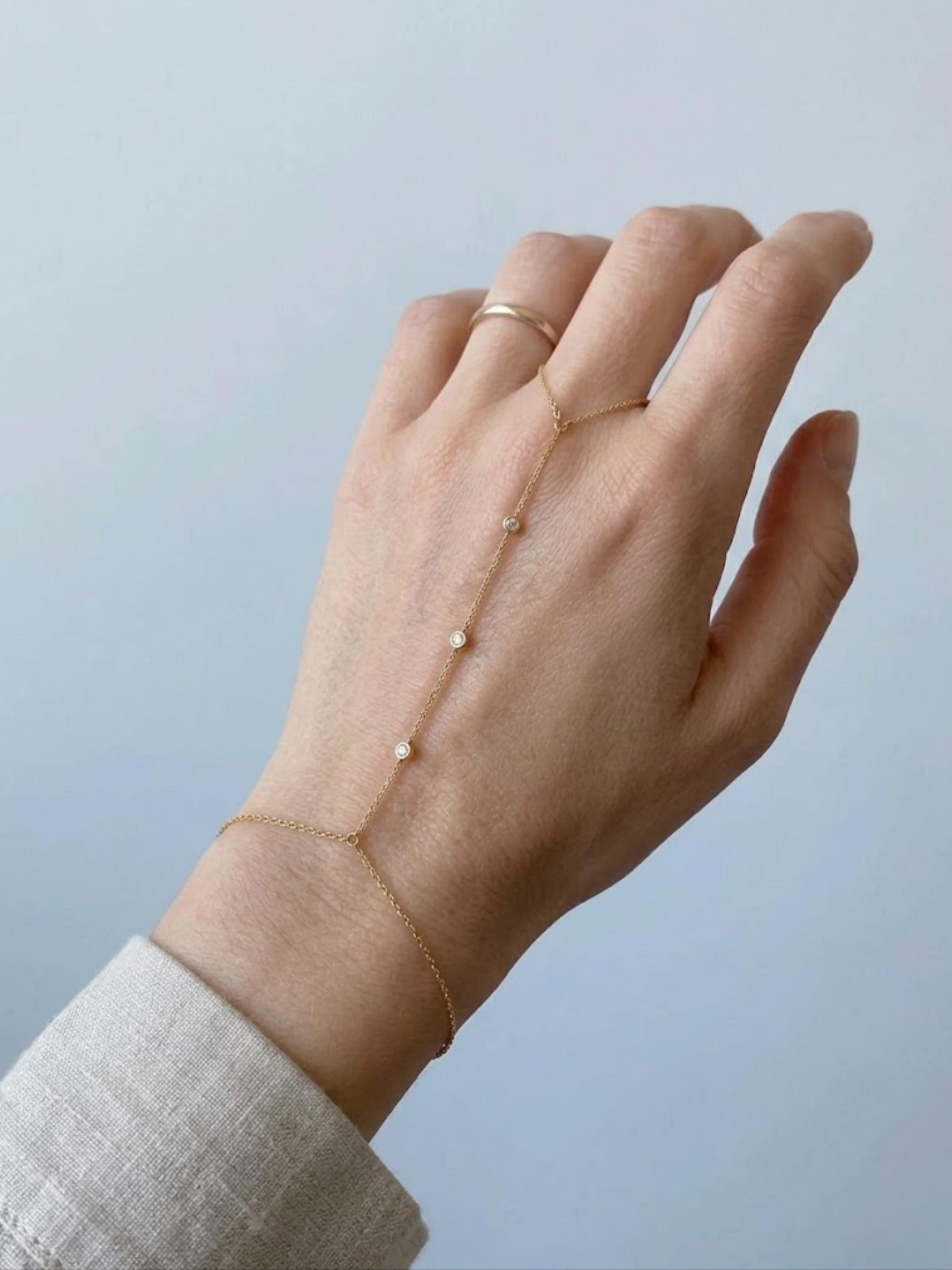 Gold Hand Chain Bracelet with Moissanite |  925 Sterling Silver Hand Harness | Minimal Jewelry, Waterproof, Parisian Chic