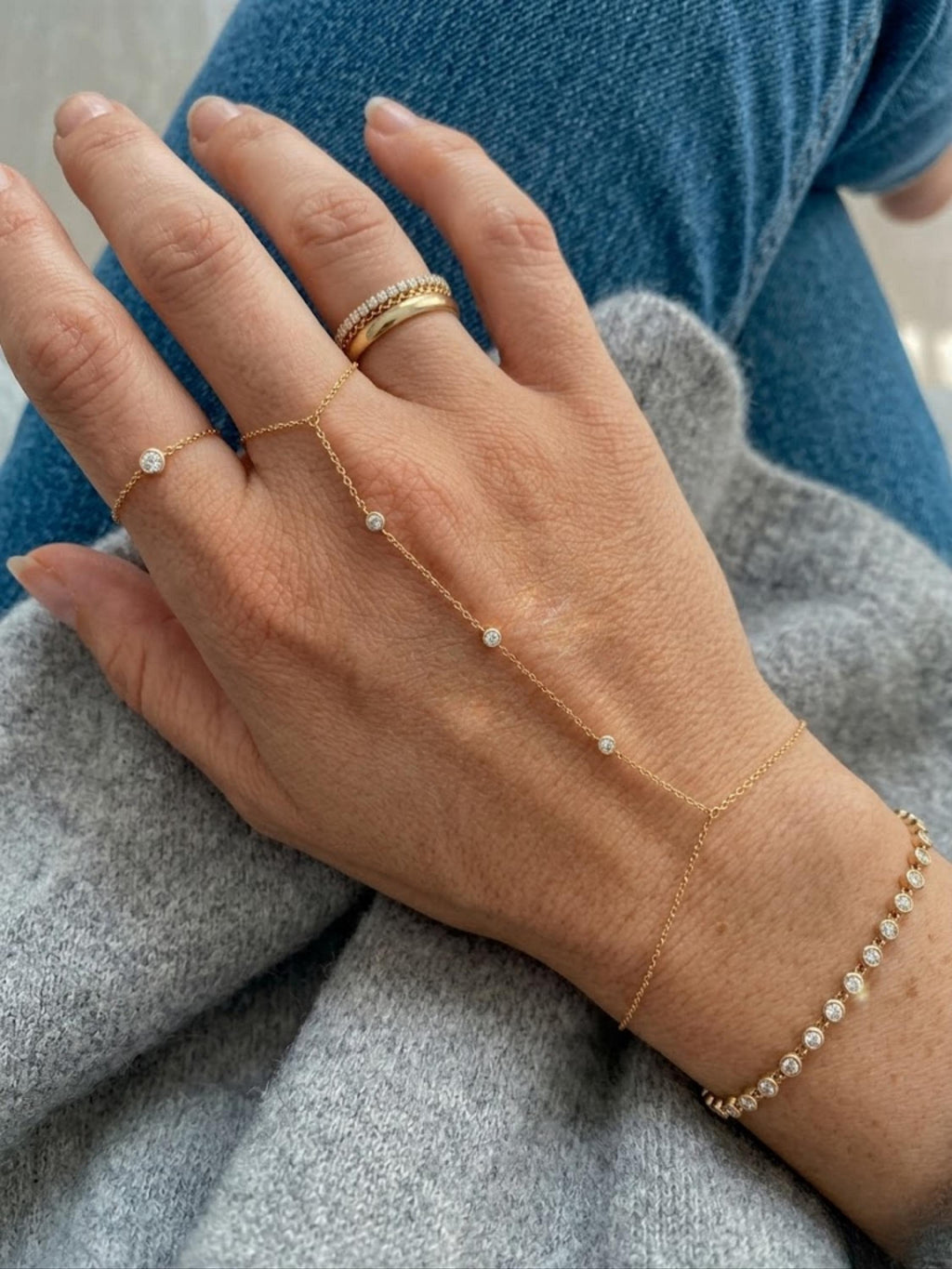 Gold Hand Chain Bracelet with Moissanite |  925 Sterling Silver Hand Harness | Minimal Jewelry, Waterproof, Parisian Chic