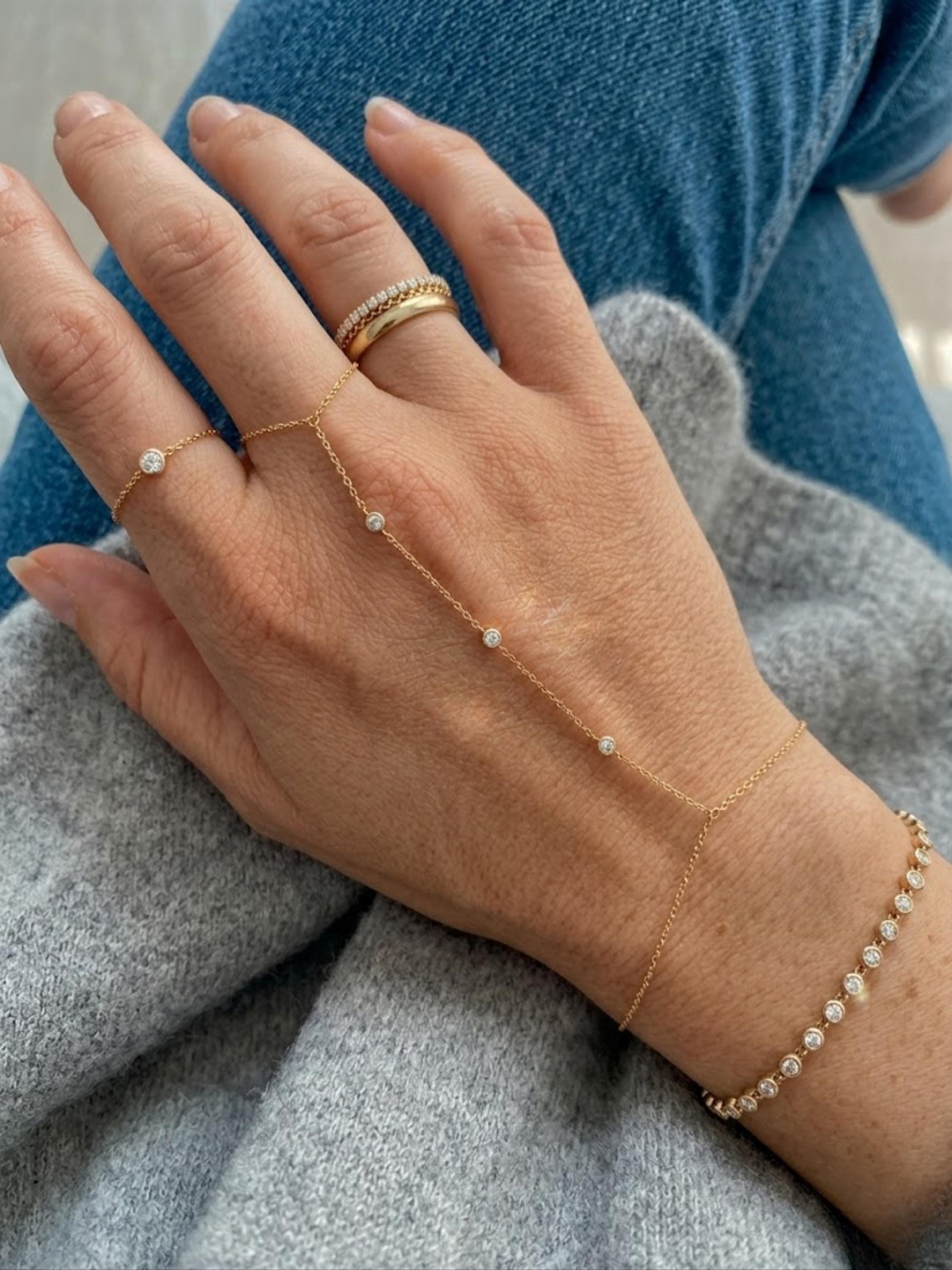 14K  Solid Gold Hand Chain Bracelet in 925 Sterling Silver – Dainty Finger Bracelet with Moissanite