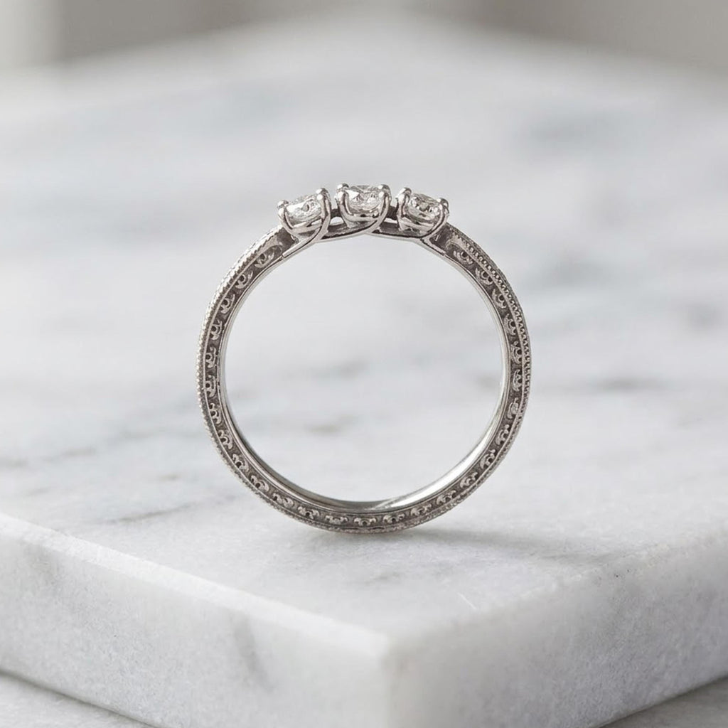 Round Cut Moissanite Ring, Vintage Three Stone Engagement Ring, 14K Solid Gold Dainty Minimalist Jewelry, Round Side Stone Promise Ring
