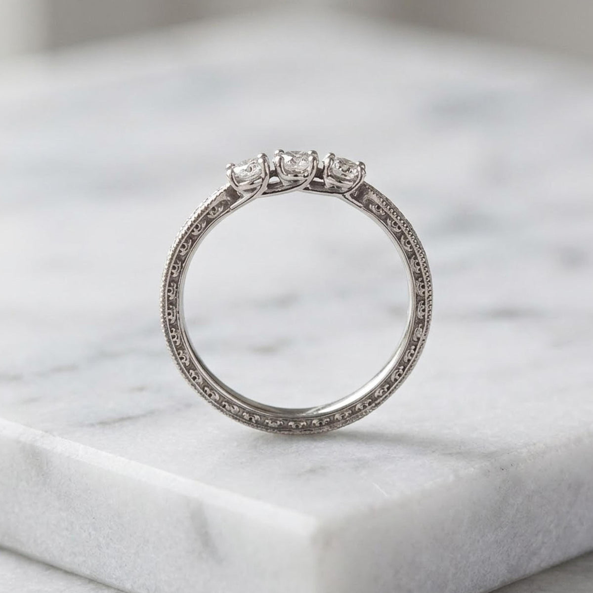 Round Cut Moissanite Ring, Vintage Three Stone Engagement Ring, 14K Solid Gold Dainty Minimalist Jewelry, Round Side Stone Promise Ring
