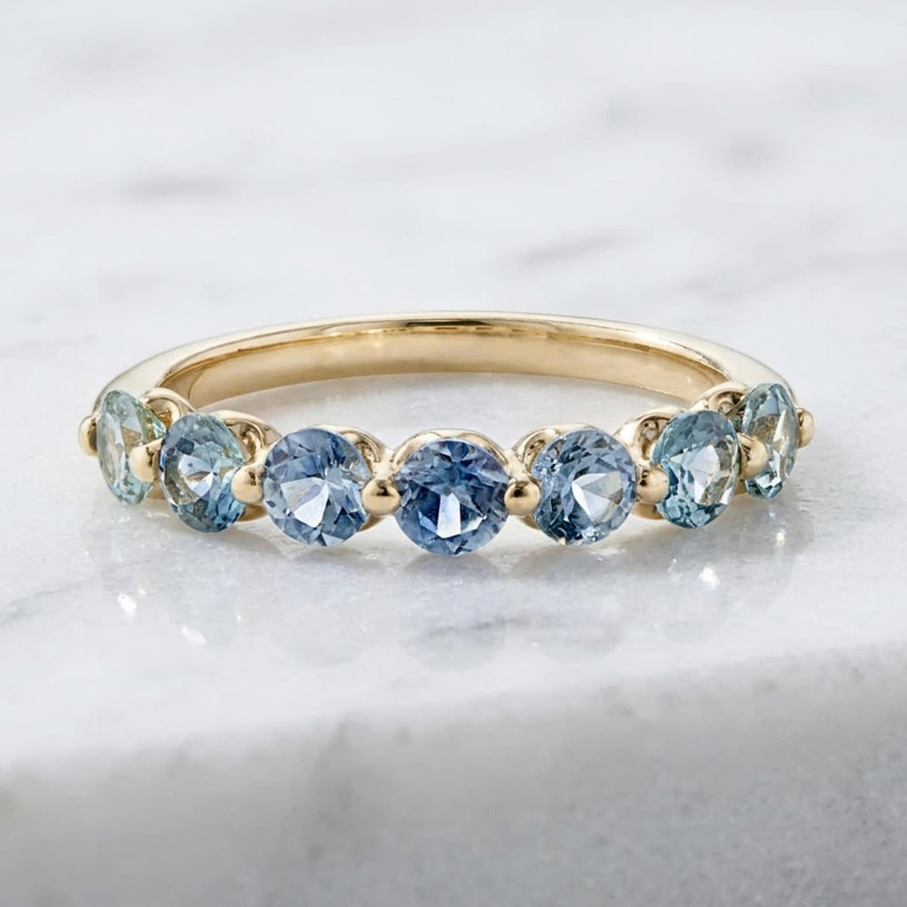 Blue Sapphire Half Eternity Band Pave Alternating Sapphire Diamond Infinity Wedding Band Anniversary September April Stack Ring