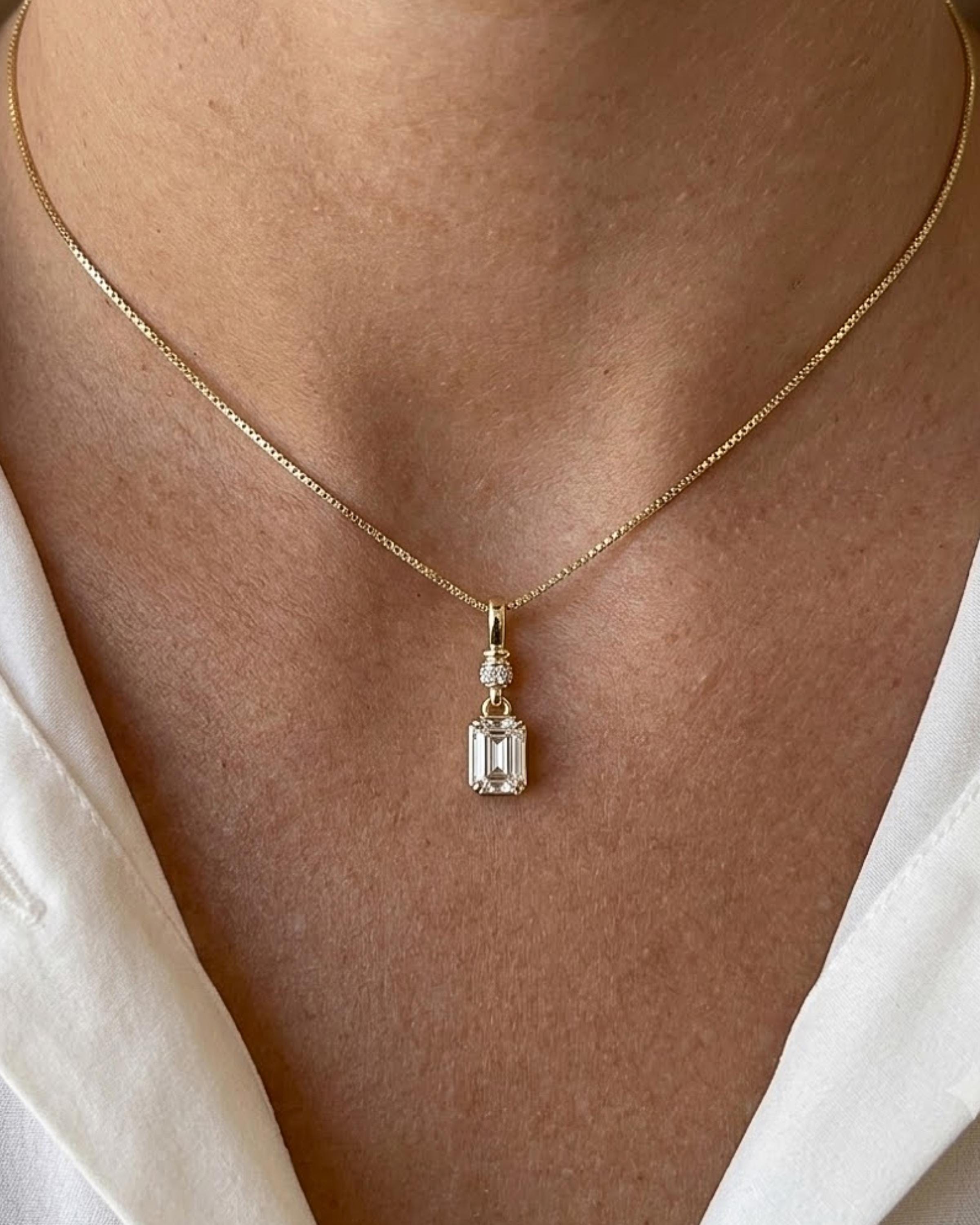 3 CT Emerald Cut Moissanite Pendant, Emerald Cut Moissanite, Dainty Solid Gold Charm, 14K 10K Gold, Layering Necklace
