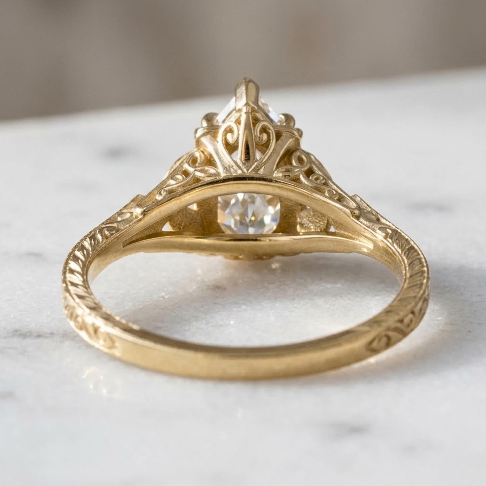 Vintage Pear Moissanite Ring, Art Deco Engagement Ring, Yellow Gold Sapphire Ring, Antique Style Bridal Jewelry for Women