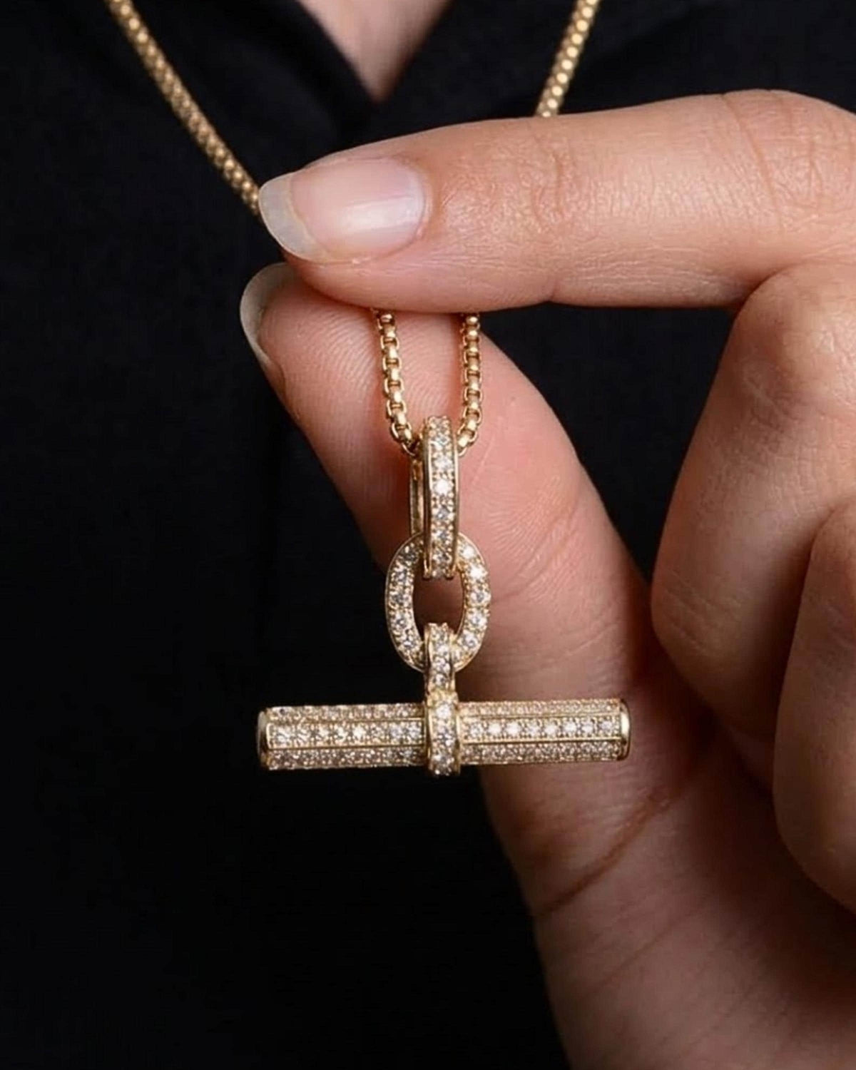 14K Gold Pave Moissanite T Bar Pendant, Minimalist Toggle Necklace, Fine Jewelry