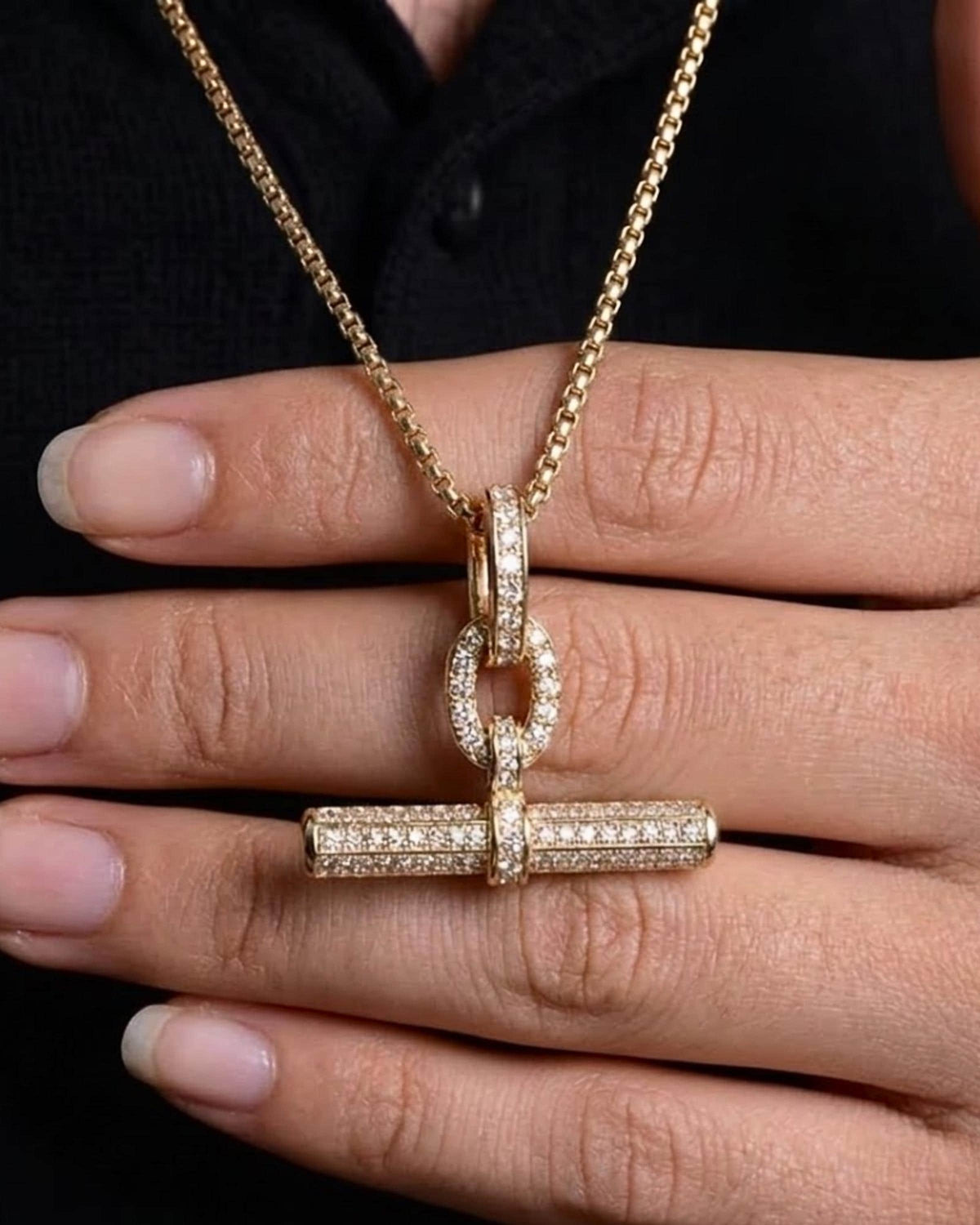14K Gold Pave Moissanite T Bar Pendant, Minimalist Toggle Necklace, Fine Jewelry