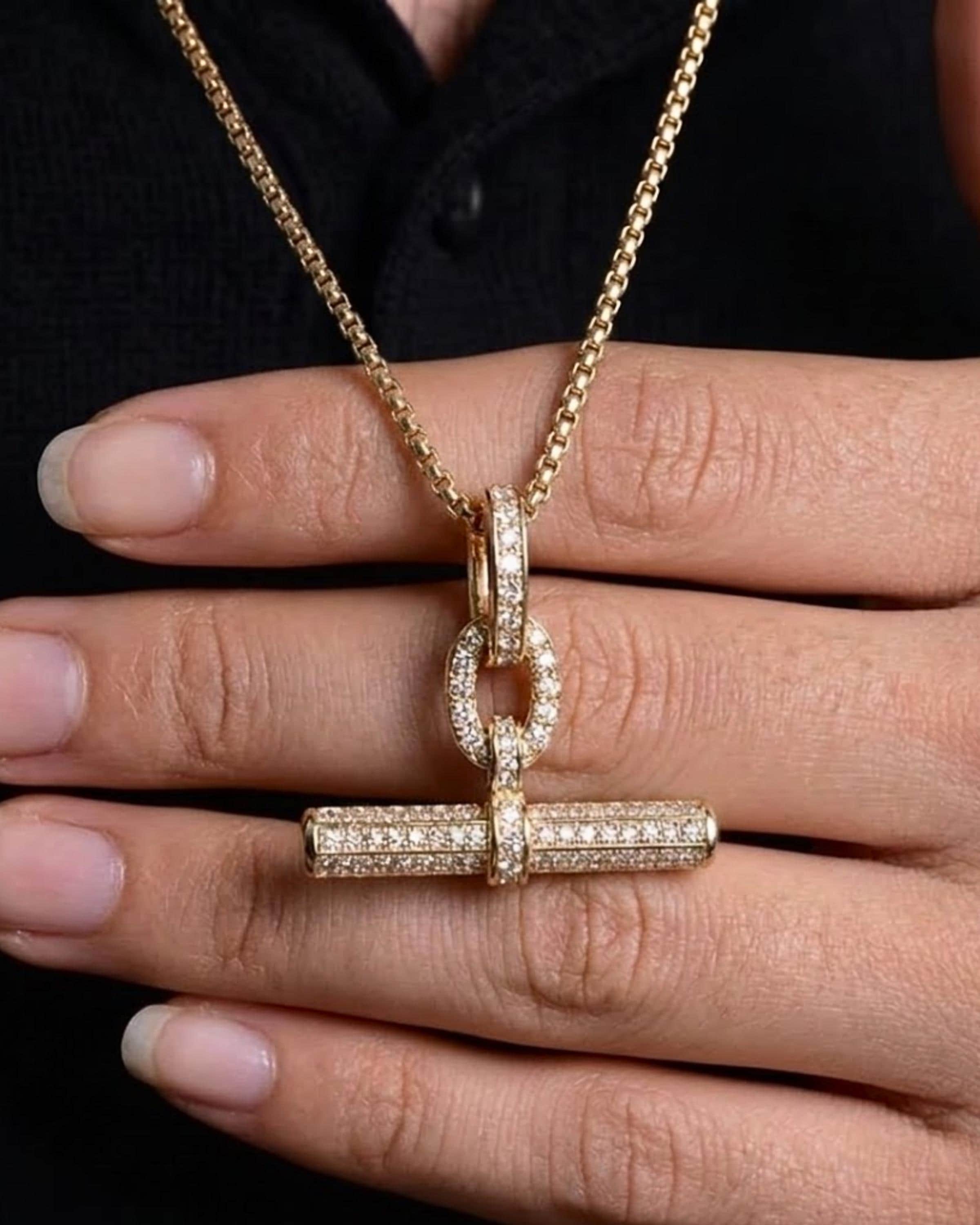 14K Gold Pave Moissanite T Bar Pendant, Minimalist Toggle Necklace, Fine Jewelry