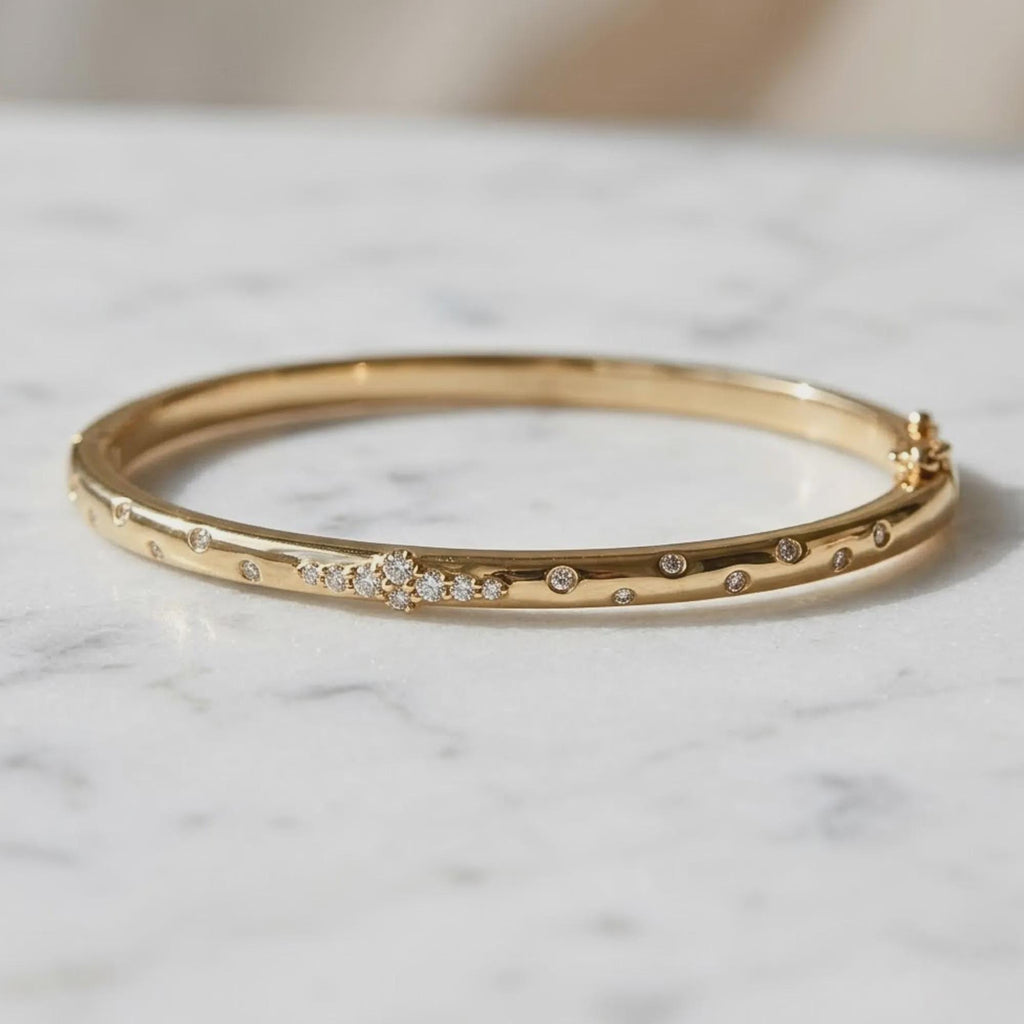 Solid Gold Bangle Bracelet 14k Real Gold Moissanite Dainty Moissanite Bracelet Solitaire Everyday Elegant Luxury Gold Unique Bracelet