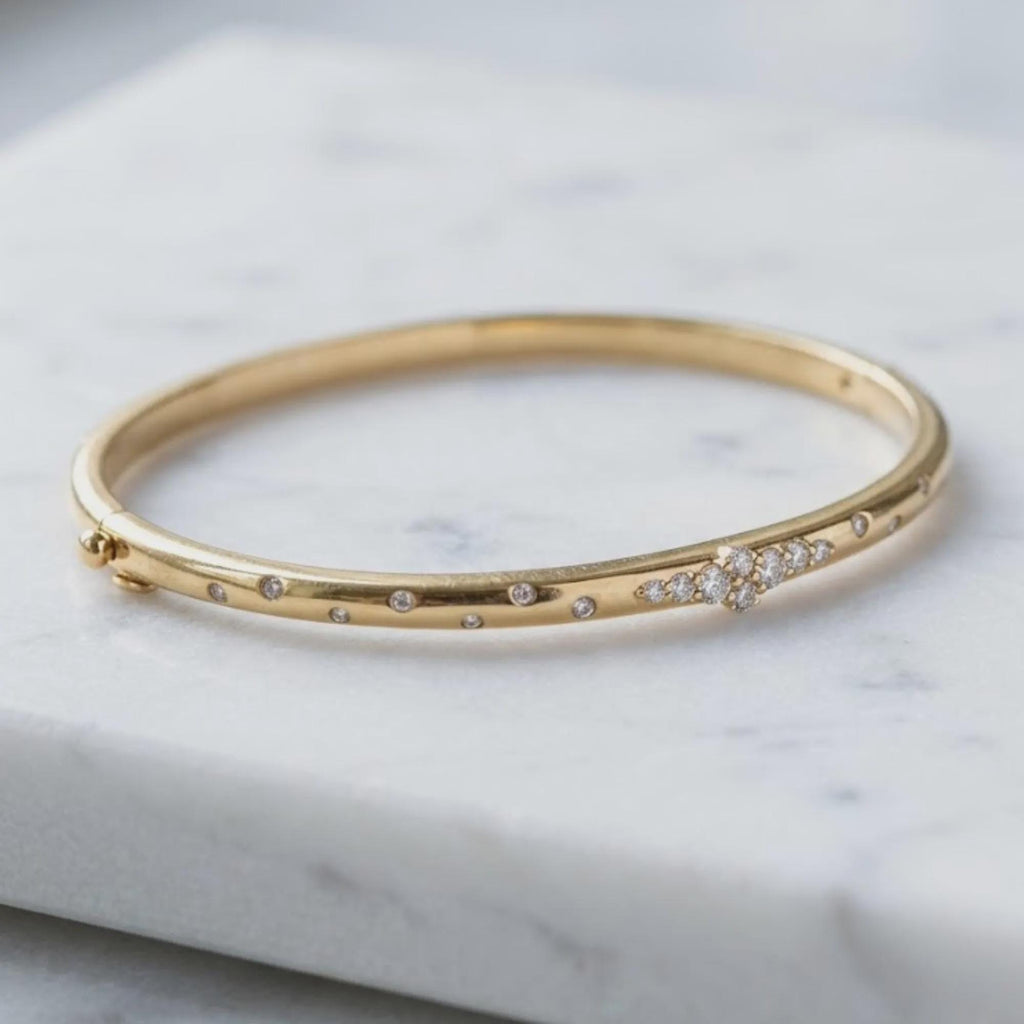 Solid Gold Bangle Bracelet 14k Real Gold Moissanite Dainty Moissanite Bracelet Solitaire Everyday Elegant Luxury Gold Unique Bracelet