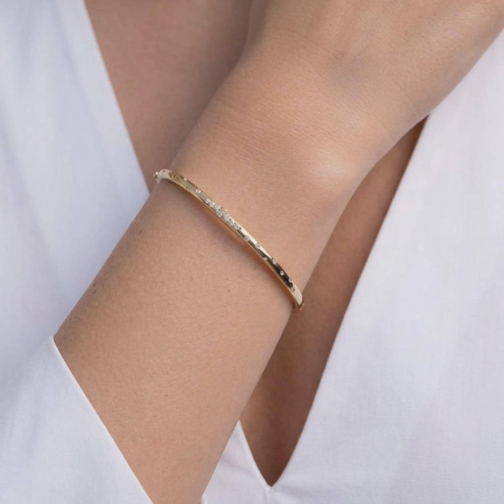 Solid Gold Bangle Bracelet 14k Real Gold Moissanite Dainty Moissanite Bracelet Solitaire Everyday Elegant Luxury Gold Unique Bracelet