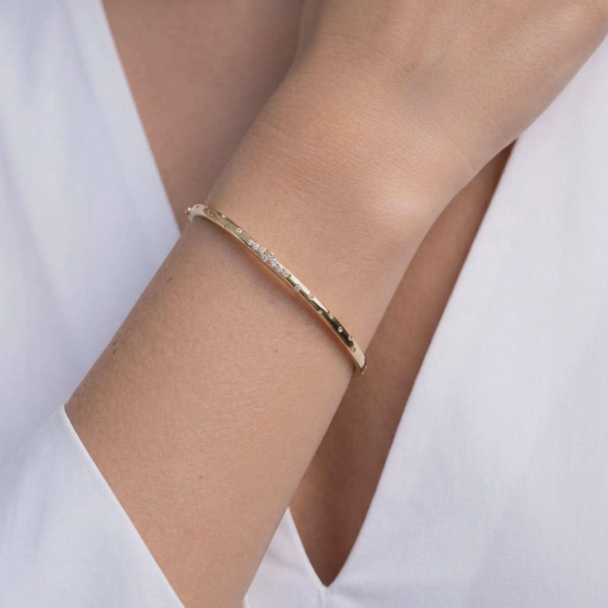 Solid Gold Bangle Bracelet 14k Real Gold Moissanite Dainty Moissanite Bracelet Solitaire Everyday Elegant Luxury Gold Unique Bracelet