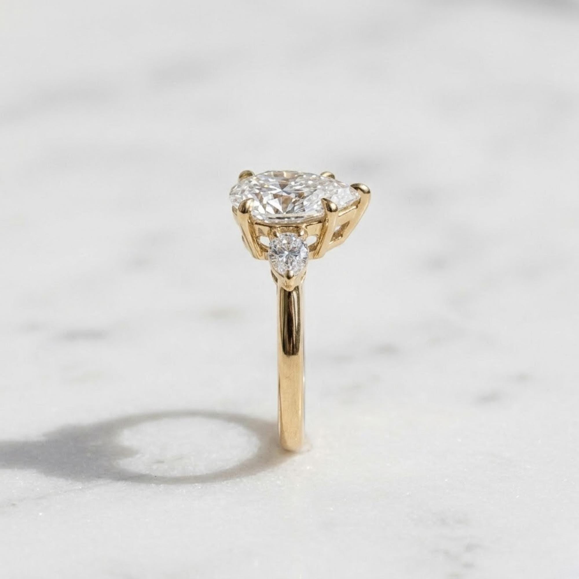 1.50ct Pear Cut Moissanite Ring, Petite Three Stone Engagement Ring, 14K Solid Gold Dainty Minimalist Jewelry, Pear Side Stone Promise Ring