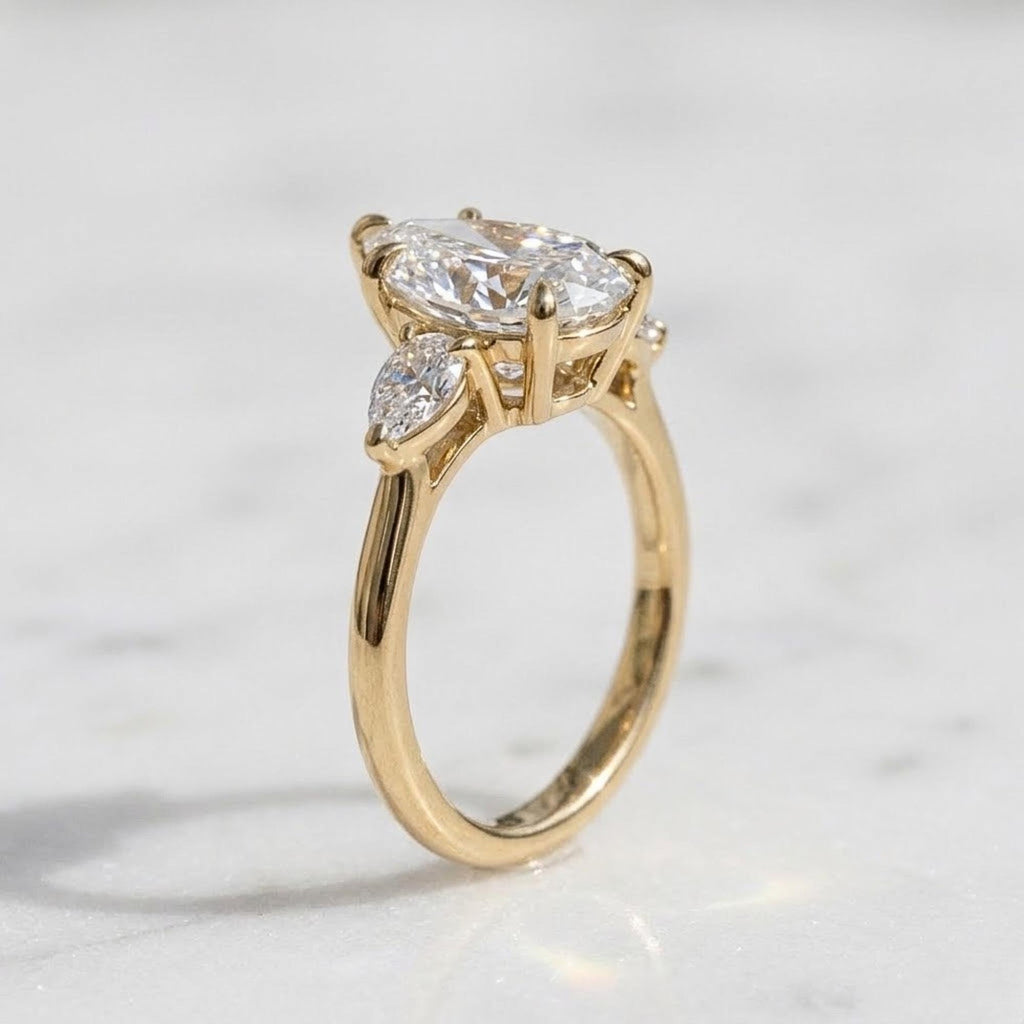 1.50ct Pear Cut Moissanite Ring, Petite Three Stone Engagement Ring, 14K Solid Gold Dainty Minimalist Jewelry, Pear Side Stone Promise Ring