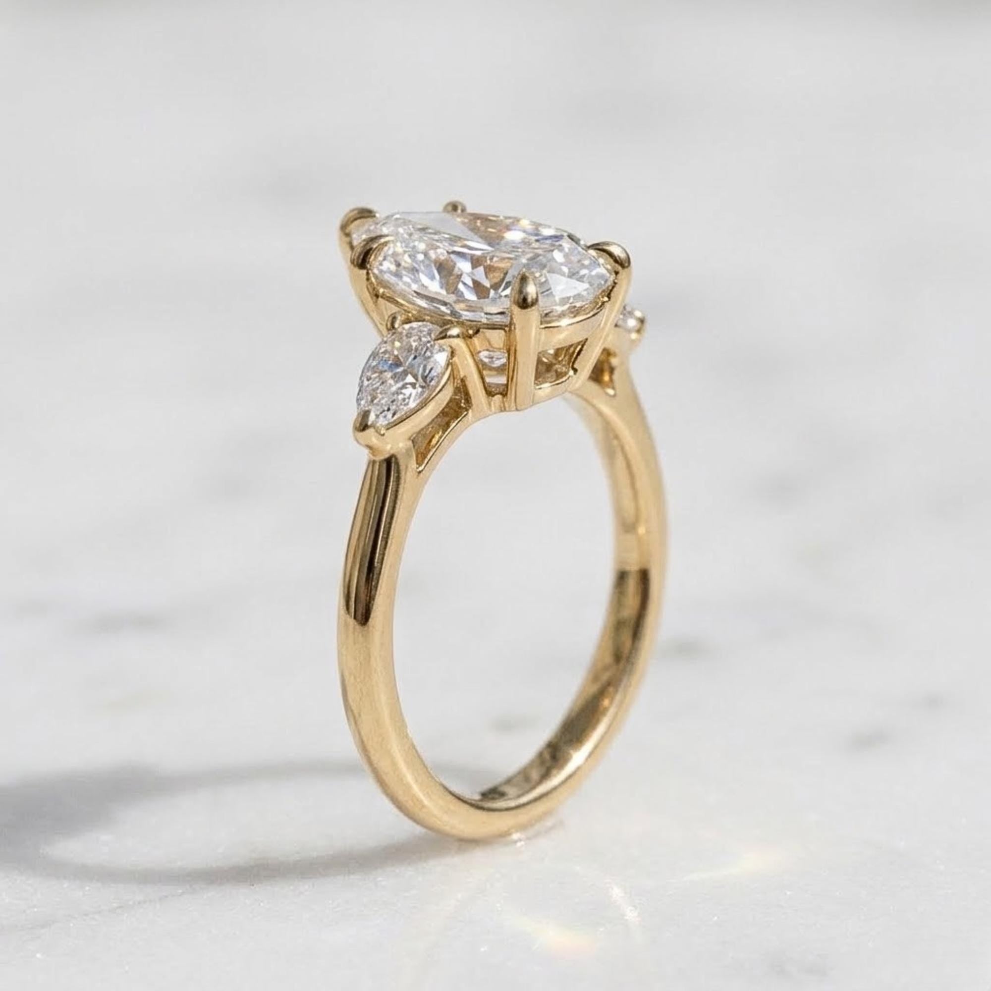 1.50ct Pear Cut Moissanite Ring, Petite Three Stone Engagement Ring, 14K Solid Gold Dainty Minimalist Jewelry, Pear Side Stone Promise Ring