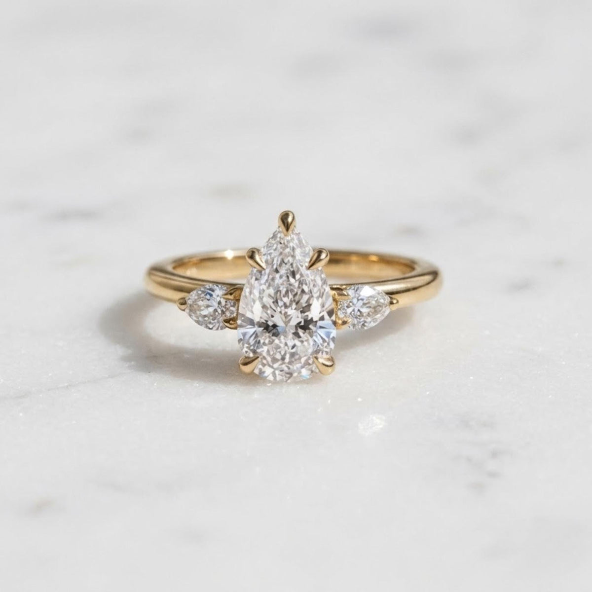 1.50ct Pear Cut Moissanite Ring, Petite Three Stone Engagement Ring, 14K Solid Gold Dainty Minimalist Jewelry, Pear Side Stone Promise Ring