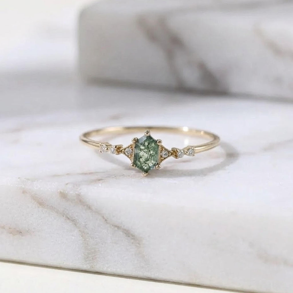 Hexagon Moss Agate Ring | 14K Solid Gold Moissanite Ring | Dainty Green Gemstone Engagement Ring | Unique Boho Ring | Gift for Her