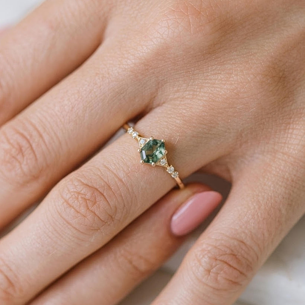 Hexagon Moss Agate Ring | 14K Solid Gold Moissanite Ring | Dainty Green Gemstone Engagement Ring | Unique Boho Ring | Gift for Her