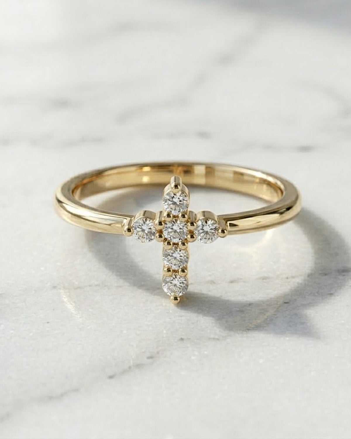 14k Gold Diamond Cross Ring, Round Diamonds, Minimalist Faith Jewelry ,Solid Gold Religious Ring, Gift For her