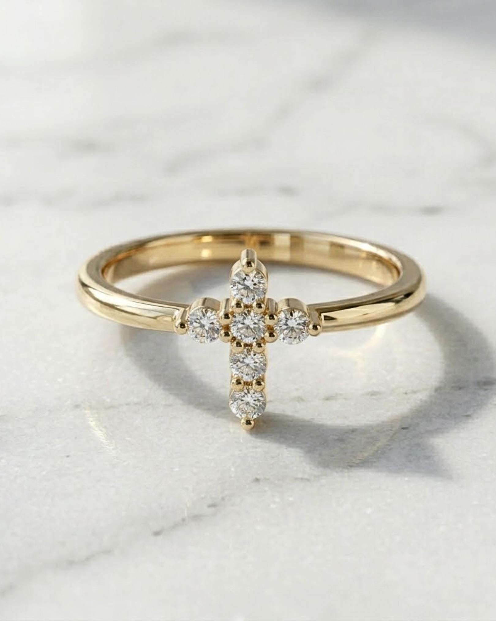 14k Gold Diamond Cross Ring, Round Diamonds, Minimalist Faith Jewelry ,Solid Gold Religious Ring, Gift For her