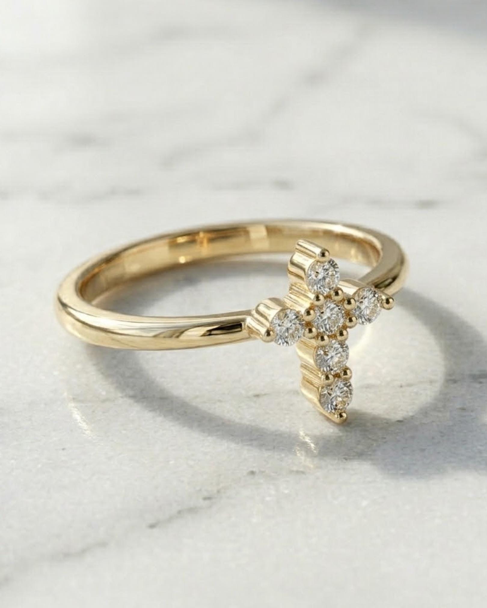 14k Gold Diamond Cross Ring, Round Diamonds, Minimalist Faith Jewelry ,Solid Gold Religious Ring, Gift For her