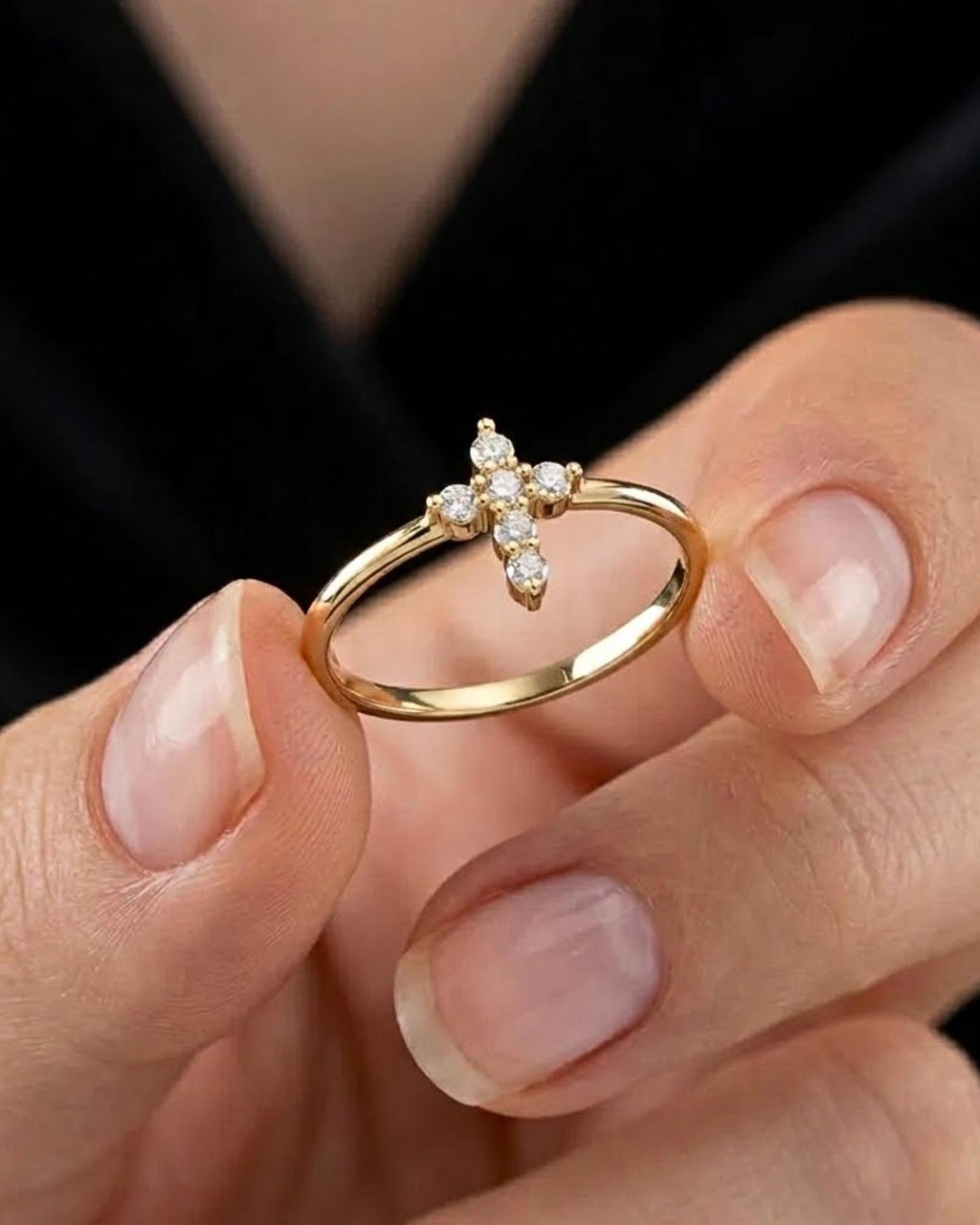 14k Gold Diamond Cross Ring, Round Diamonds, Minimalist Faith Jewelry ,Solid Gold Religious Ring, Gift For her
