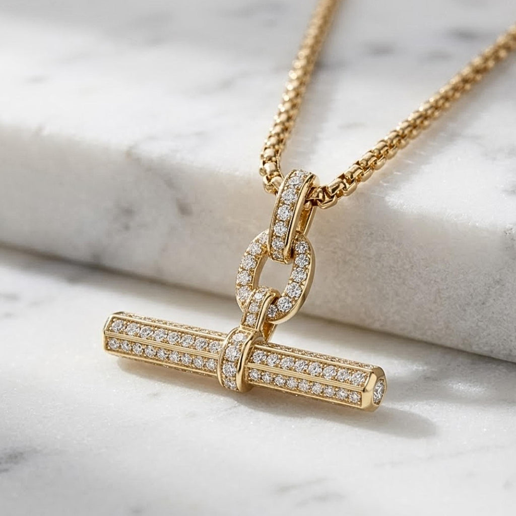 14K Gold Pave Moissanite T Bar Pendant, Minimalist Toggle Necklace, Fine Jewelry