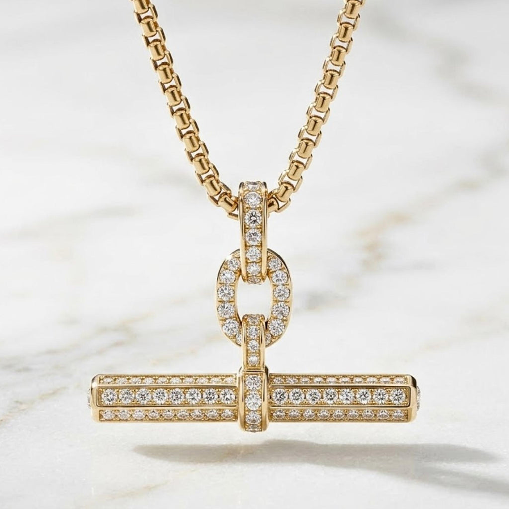14K Gold Pave Moissanite T Bar Pendant, Minimalist Toggle Necklace, Fine Jewelry