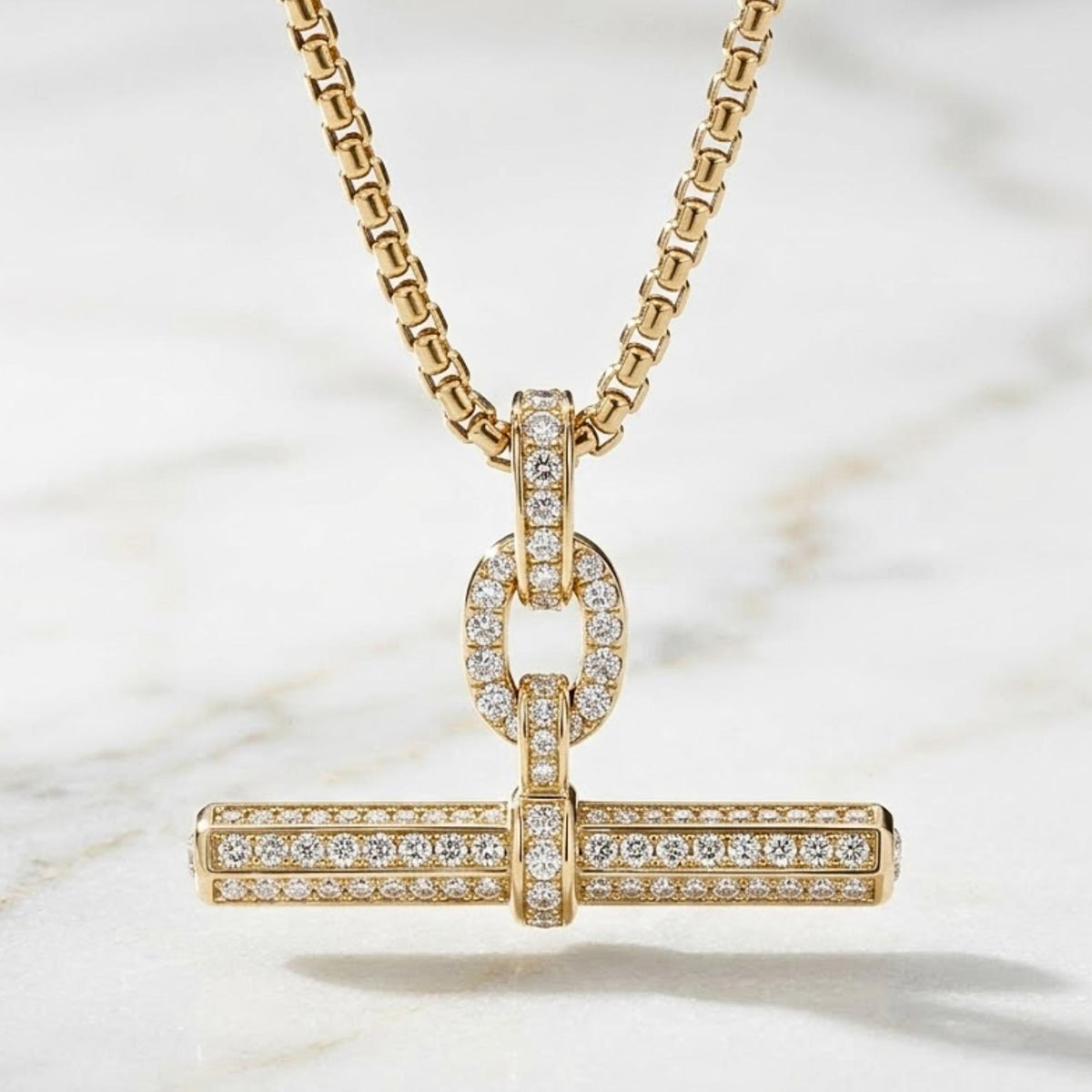 14K Gold Pave Moissanite T Bar Pendant, Minimalist Toggle Necklace, Fine Jewelry