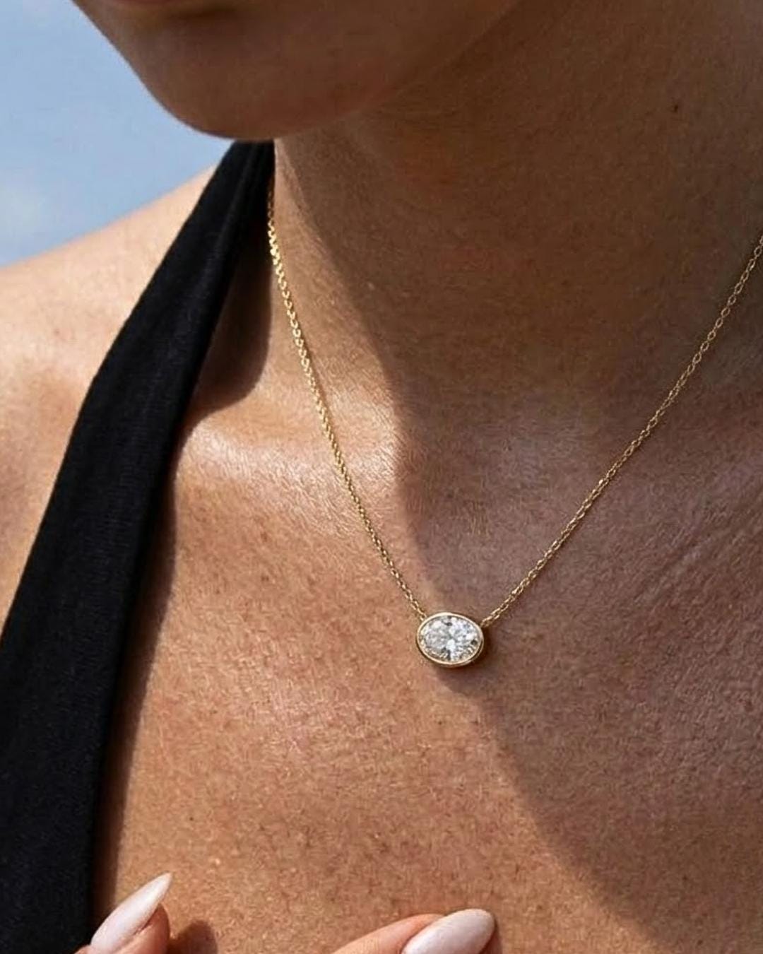 East West Oval Cut Moissanite Pendant, 3 Carat Diamond Solitaire Pendant, 14K Solid Gold Bezel Set Pendant, Anniversary Gift, Mom Gift Idea