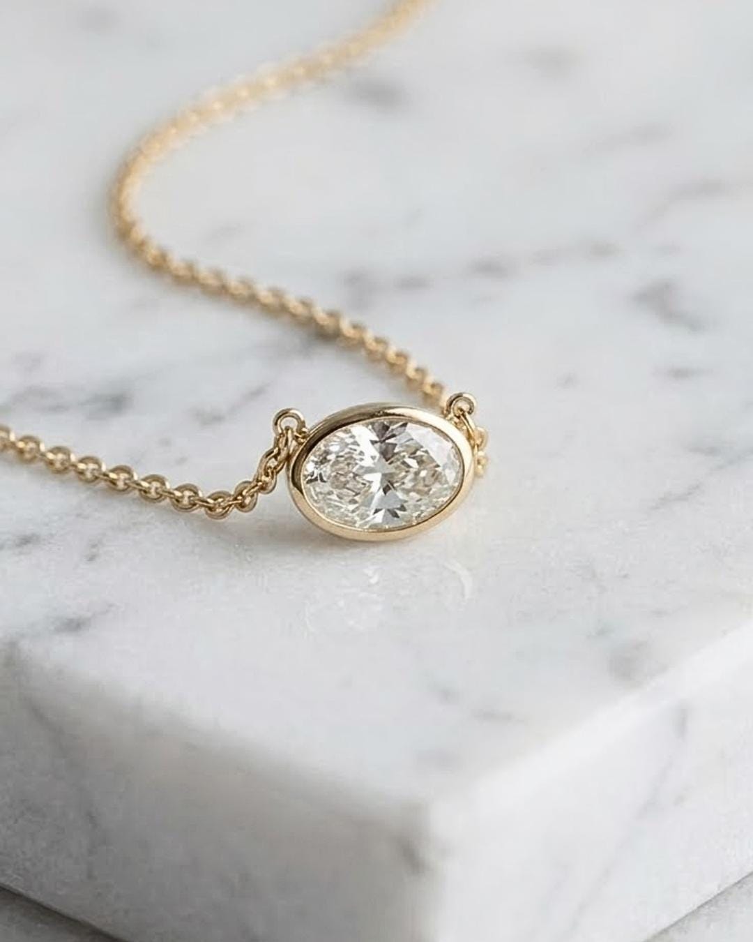 East West Oval Cut Moissanite Pendant, 3 Carat Diamond Solitaire Pendant, 14K Solid Gold Bezel Set Pendant, Anniversary Gift, Mom Gift Idea