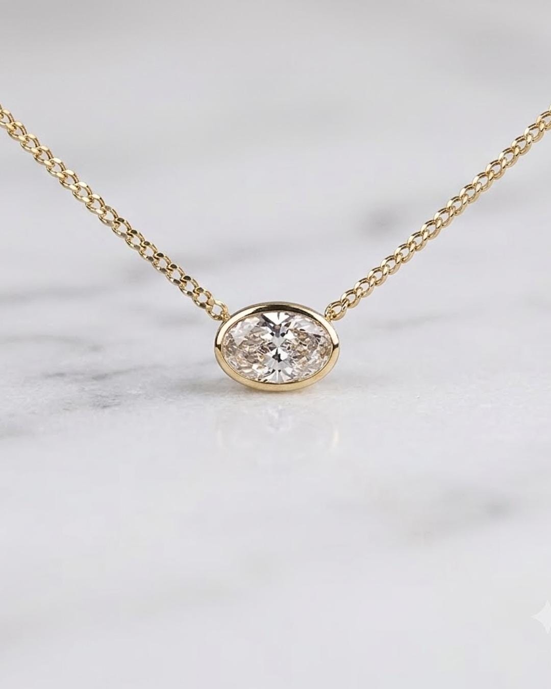 East West Oval Cut Moissanite Pendant, 3 Carat Diamond Solitaire Pendant, 14K Solid Gold Bezel Set Pendant, Anniversary Gift, Mom Gift Idea