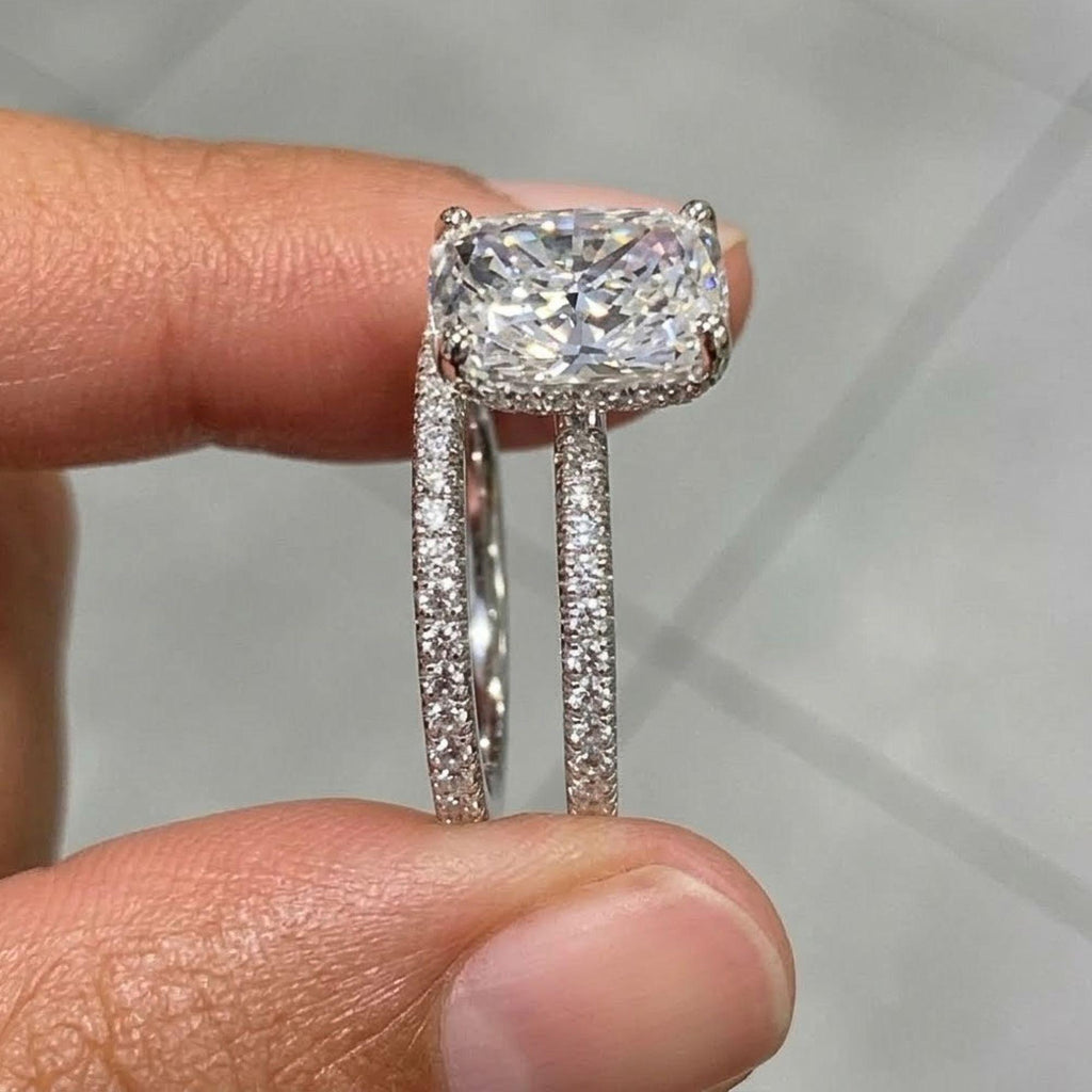 4 Ct Cushion Cut Moissanite Engagement Ring Set Gold | Bridal Wedding Band Set | Eternity Pavé Ring | Lab Diamond Alternative Jewelry