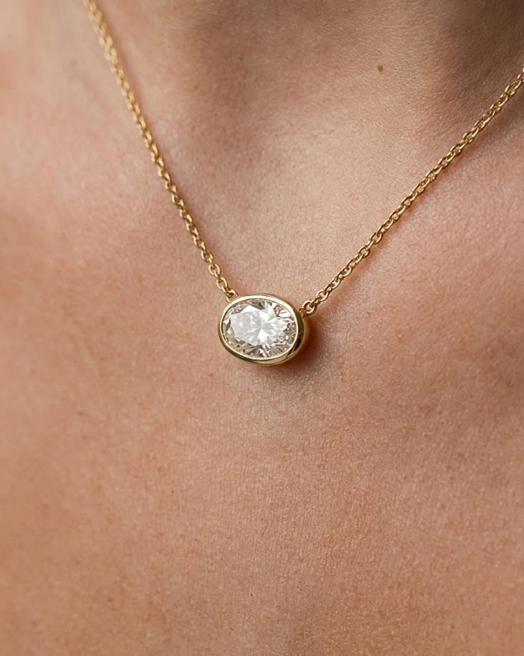 East West Oval Cut Moissanite Pendant, 3 Carat Diamond Solitaire Pendant, 14K Solid Gold Bezel Set Pendant, Anniversary Gift, Mom Gift Idea
