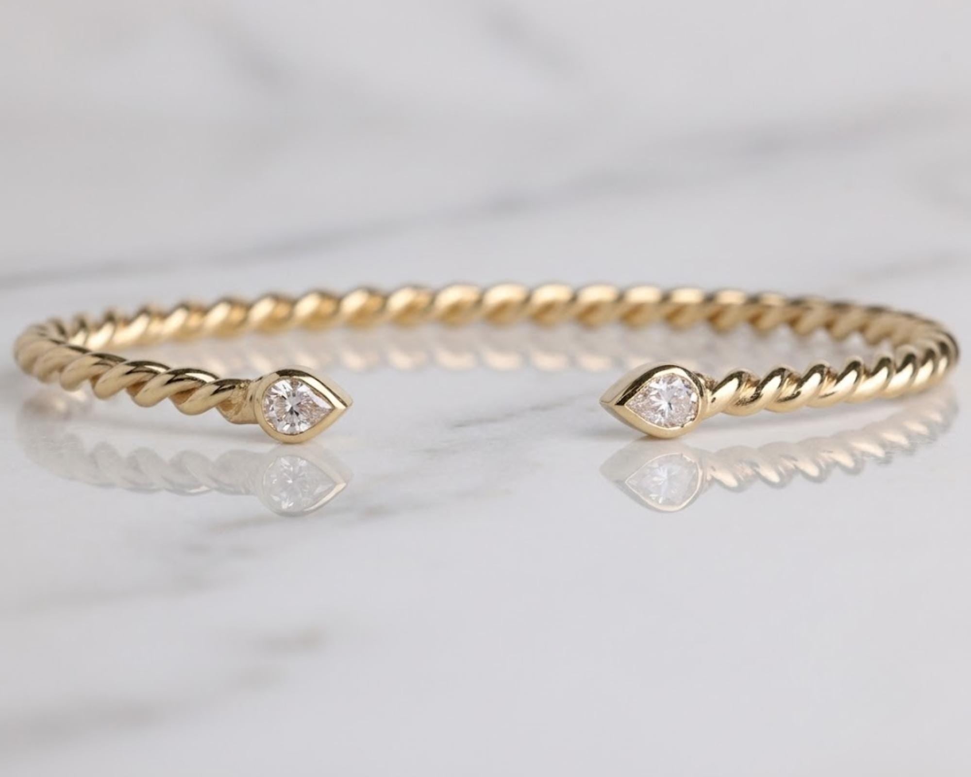 Lab-Grown Pear Diamond Open Cuff Bangle Bracelet, 14K Gold Bangle Bracelet for Women, Pear-Cut Bracelet, Lab Diamond Bracelet For Gifts