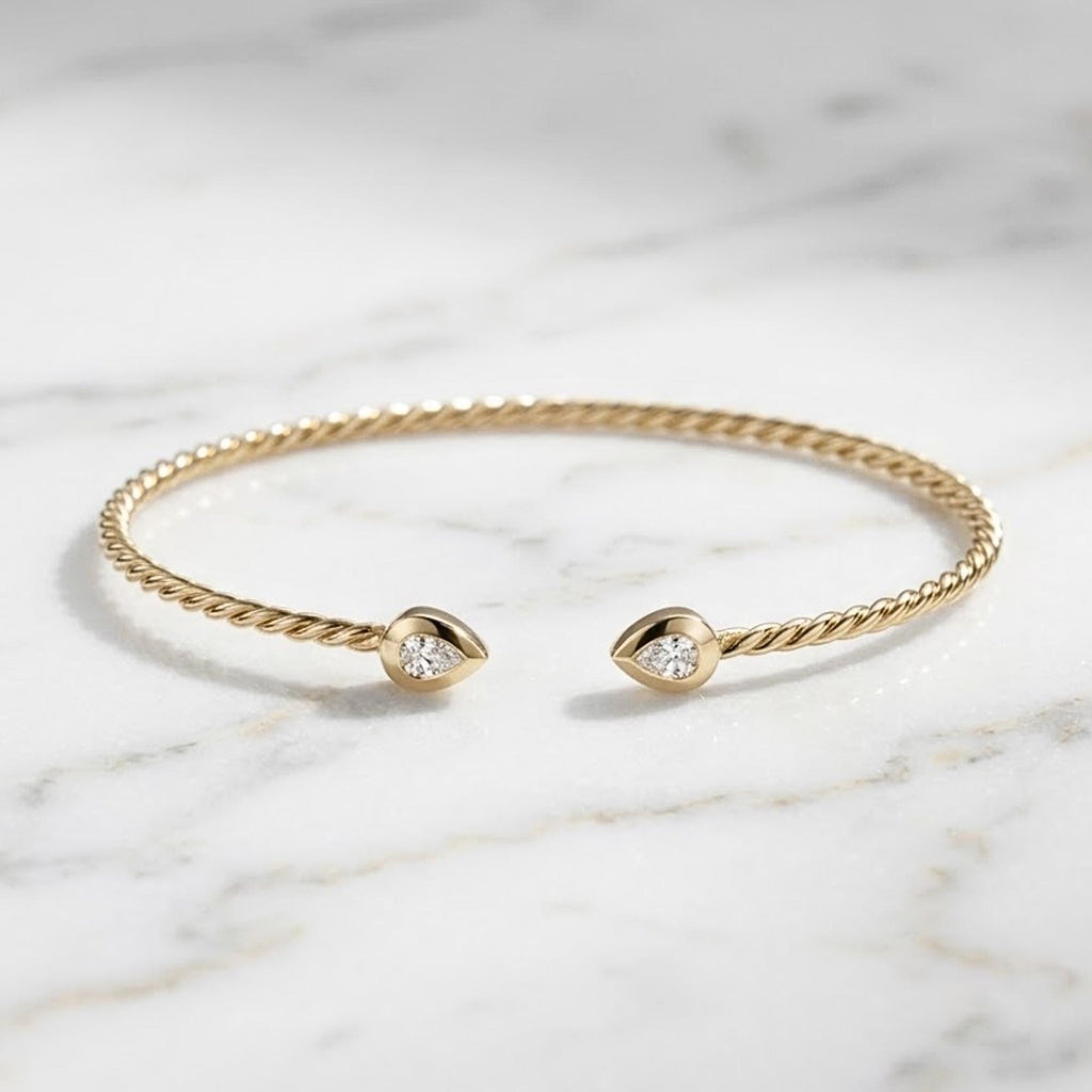 Lab-Grown Pear Diamond Open Cuff Bangle Bracelet, 14K Gold Bangle Bracelet for Women, Pear-Cut Bracelet, Lab Diamond Bracelet For Gifts
